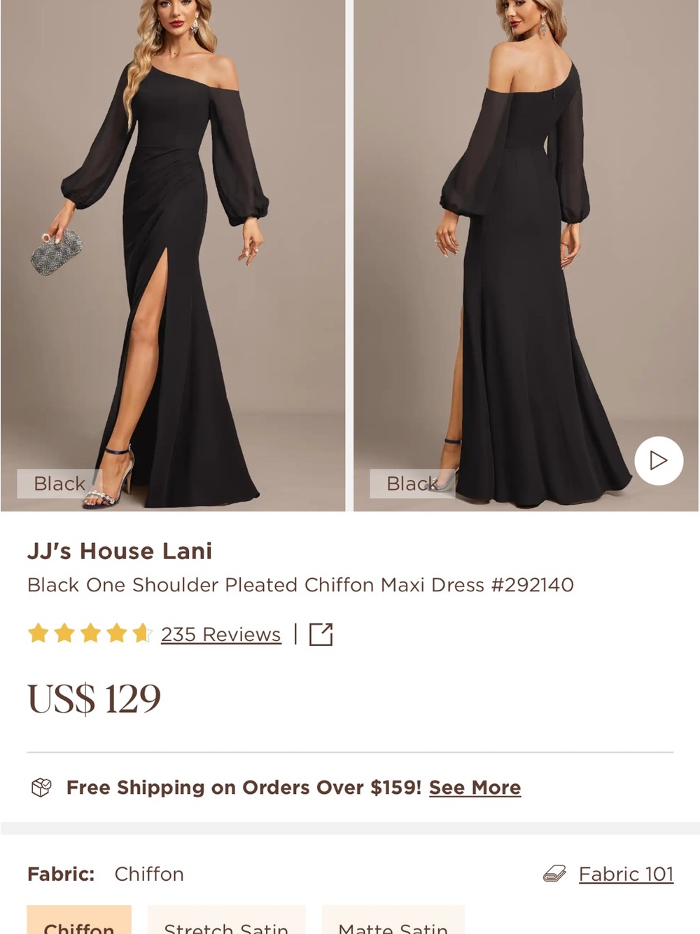 JJs House Black One-Shoulder Chiffon Evening Gown with Bishop Sleeve